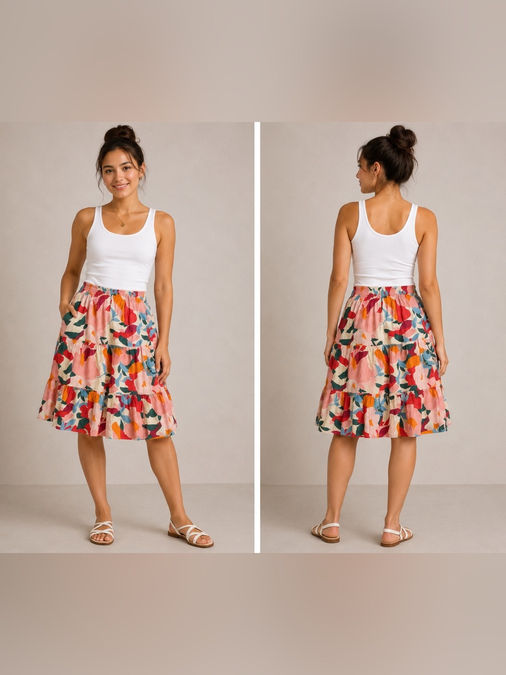 BTFBM Women’s Floral Tiered Midi Skirt in Multi Smocked Boho Cottagecore size -S